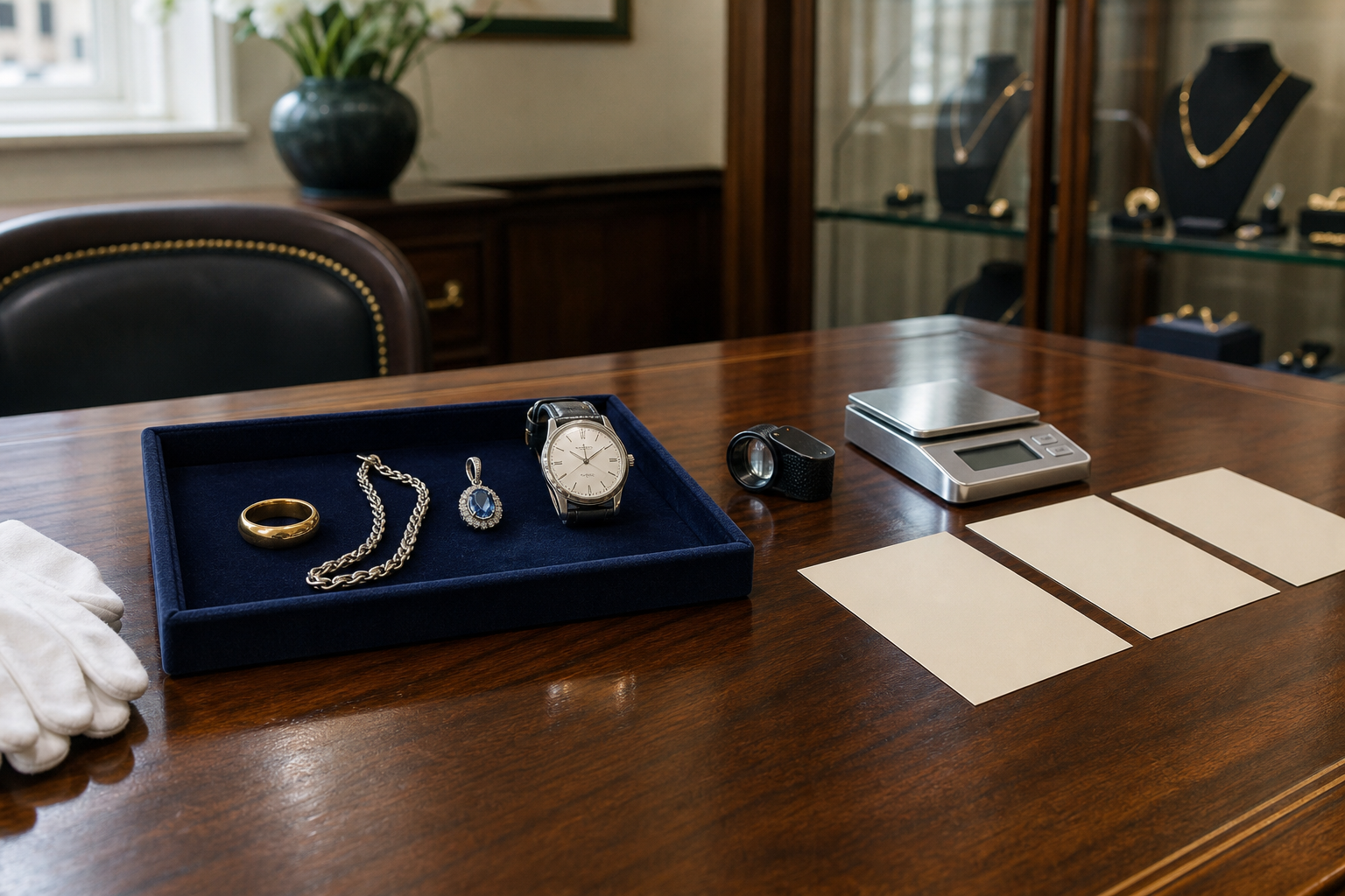 Jewelry, a watch, and appraisal tools displayed on a wooden table in an elegant room.