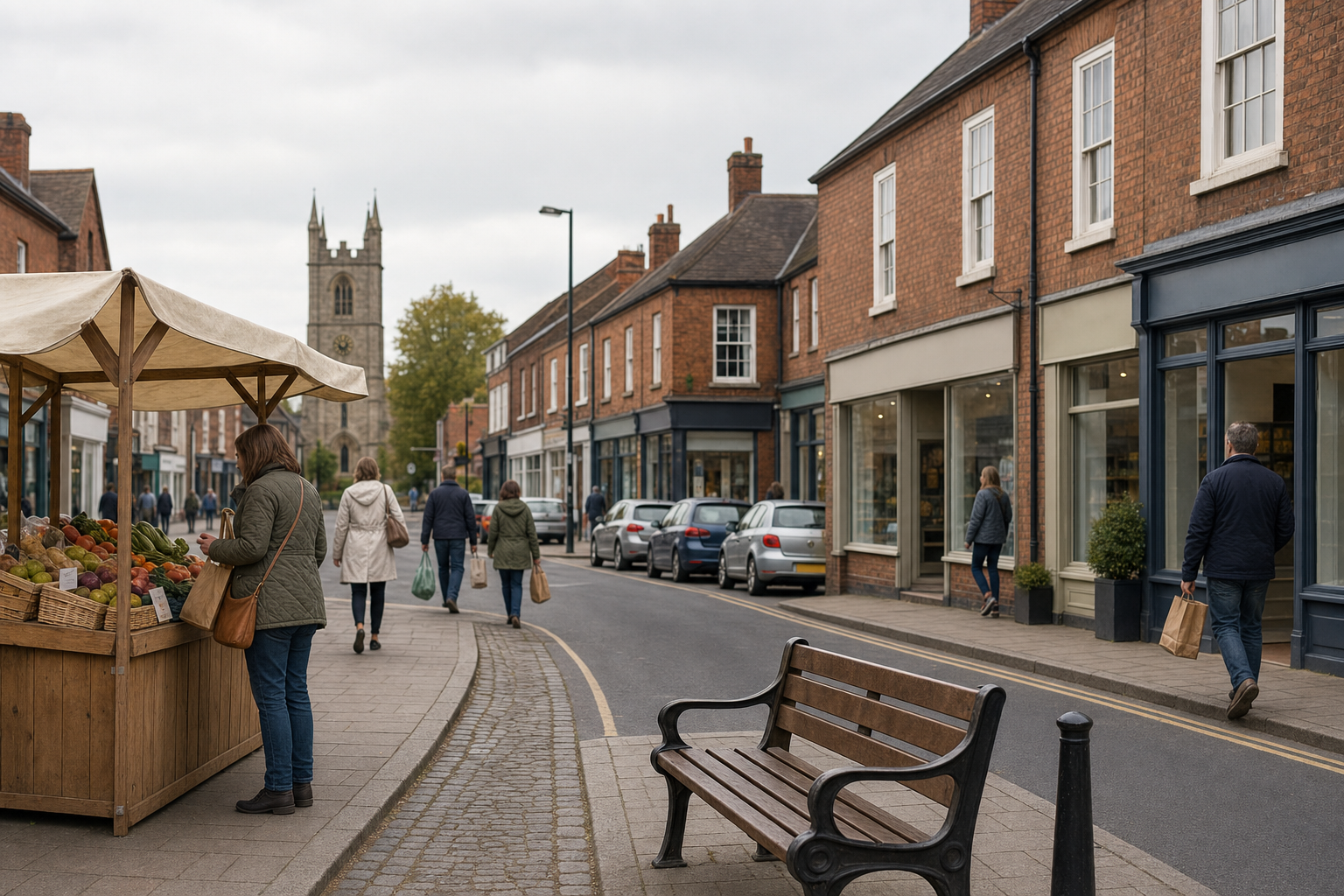 A quaint street market with a produce stall, shoppers, and historic brick buildings, with a church tower in the background.