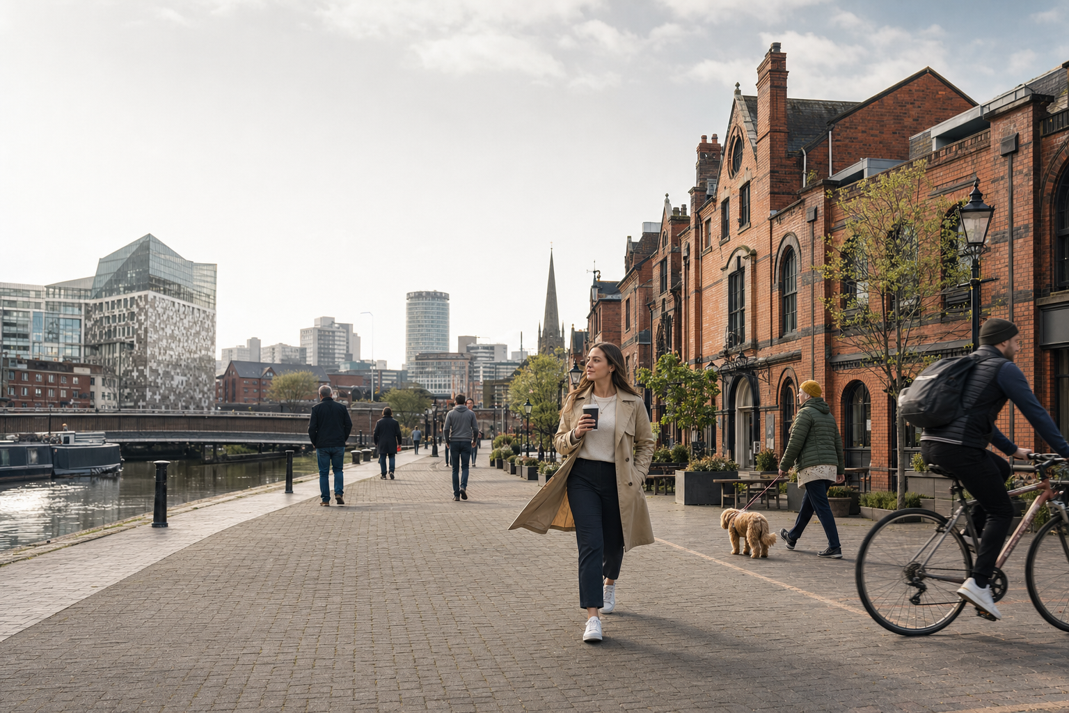 Woman walking with coffee along a canal pathway lined with red brick buildings and city skyline in the background.