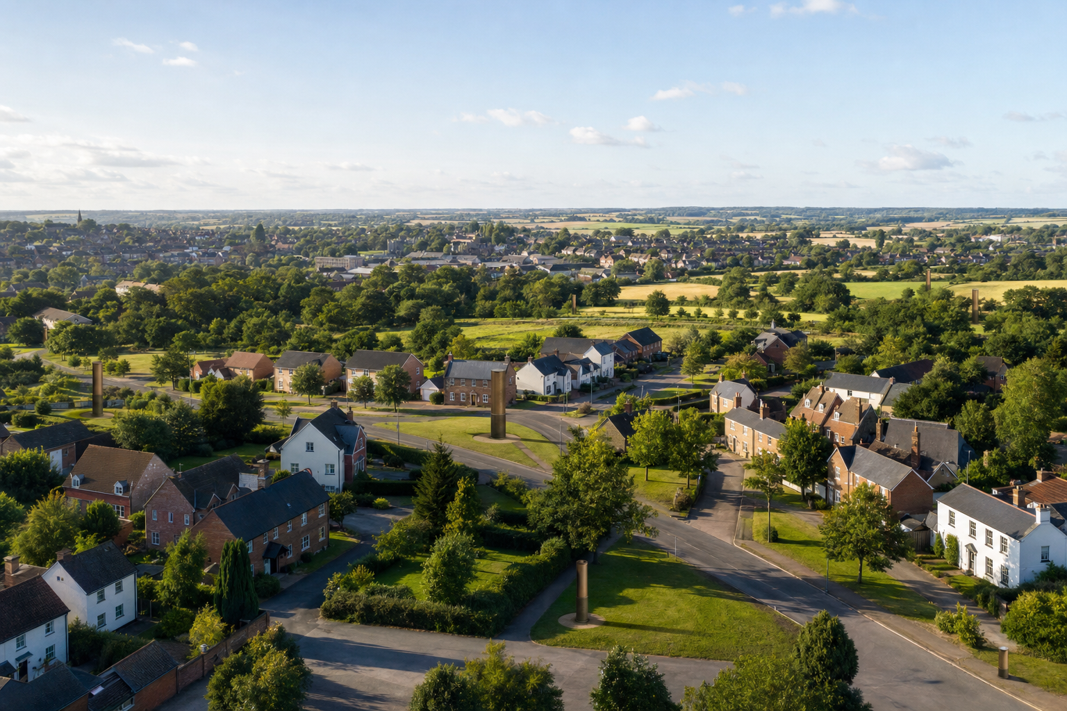 Aerial view of a picturesque village with houses, green fields, and trees under a clear blue sky.