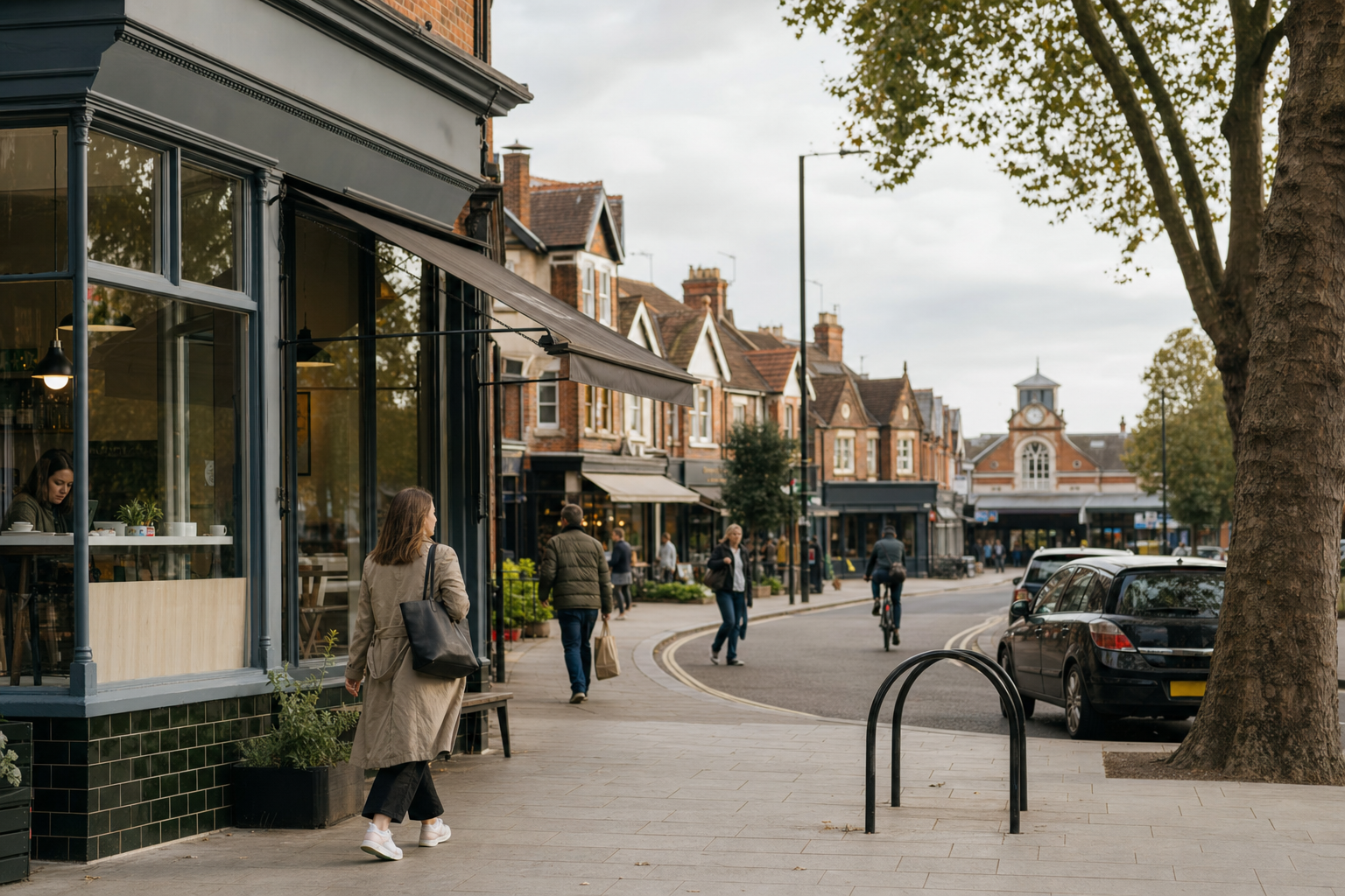 A woman walks past a café on a charming, tree-lined street with people cycling and strolling.