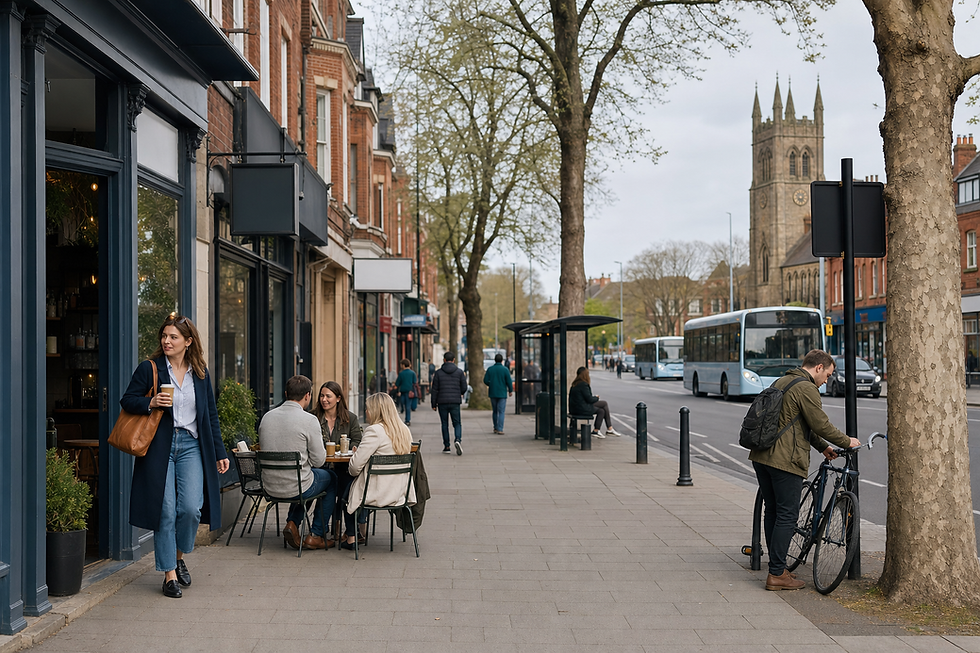 Busy urban street with people dining outdoors, a woman walking with coffee, and buses passing by a church.