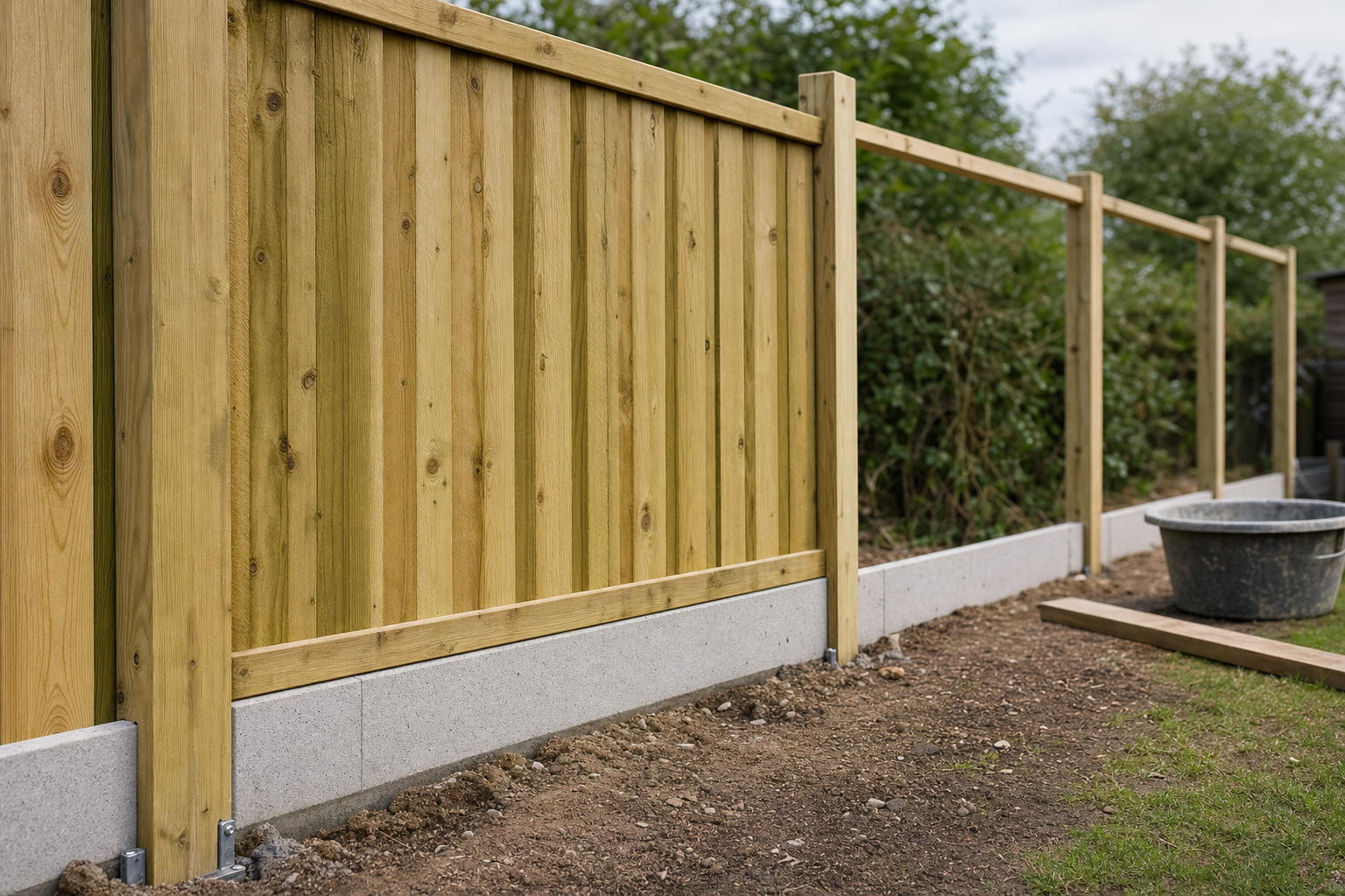 Newly installed wooden fence with concrete base in a garden setting.