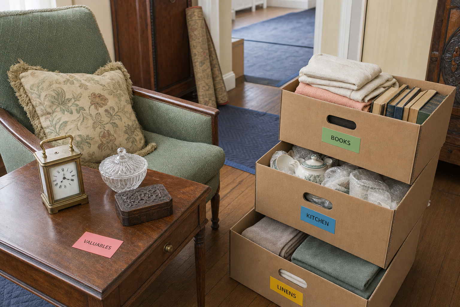 Stacked cardboard boxes labelled for moving beside a vintage armchair and table with a clock and glass dish.