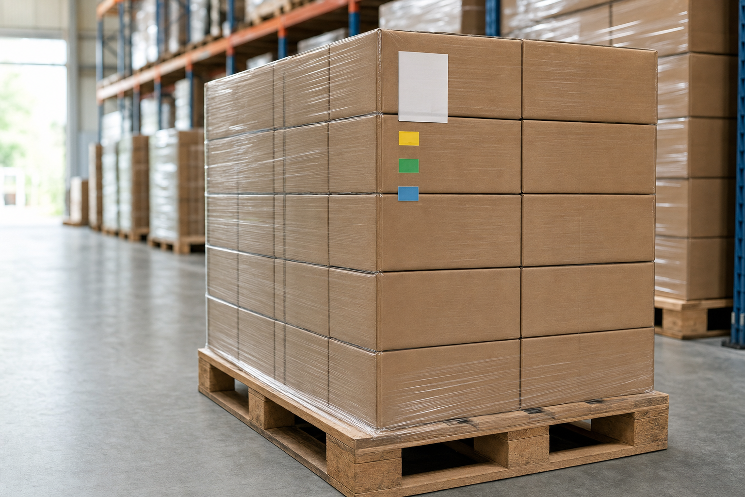 Stacked cardboard boxes wrapped in plastic on a wooden pallet in a warehouse aisle.