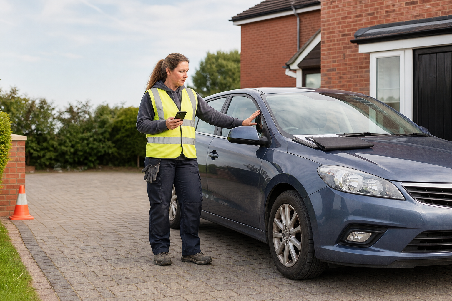Person wearing a high-visibility vest inspects a blue car while using a smartphone in a driveway.