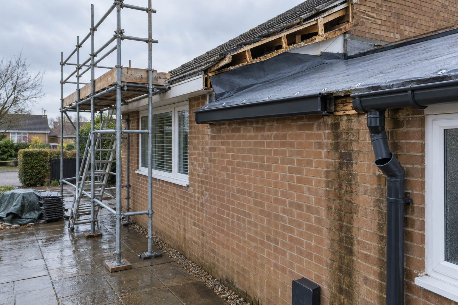 Scaffolding alongside a brick house under roof repair on a wet, overcast day.