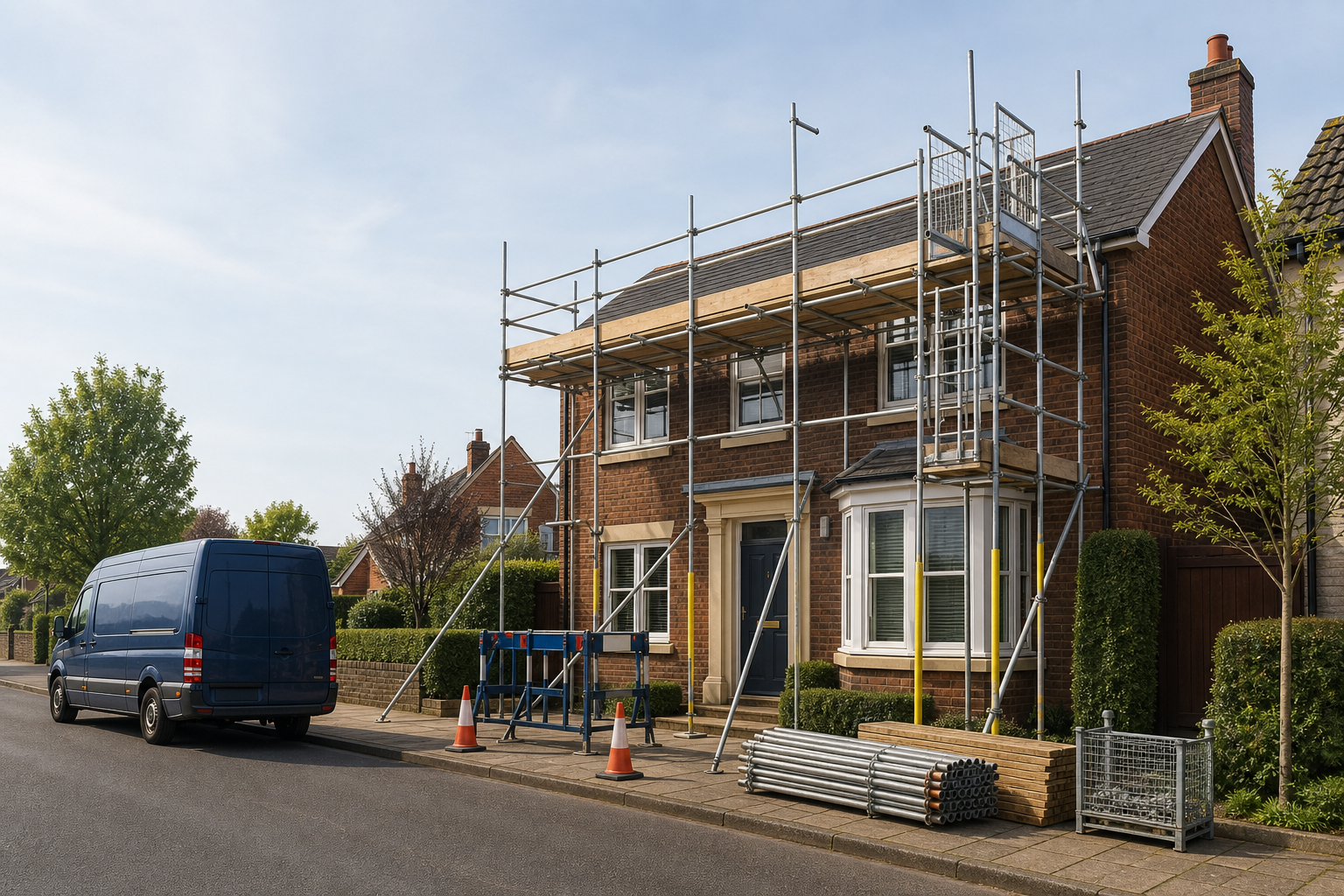 Scaffolding set up outside a brick house with a blue van parked on the street.