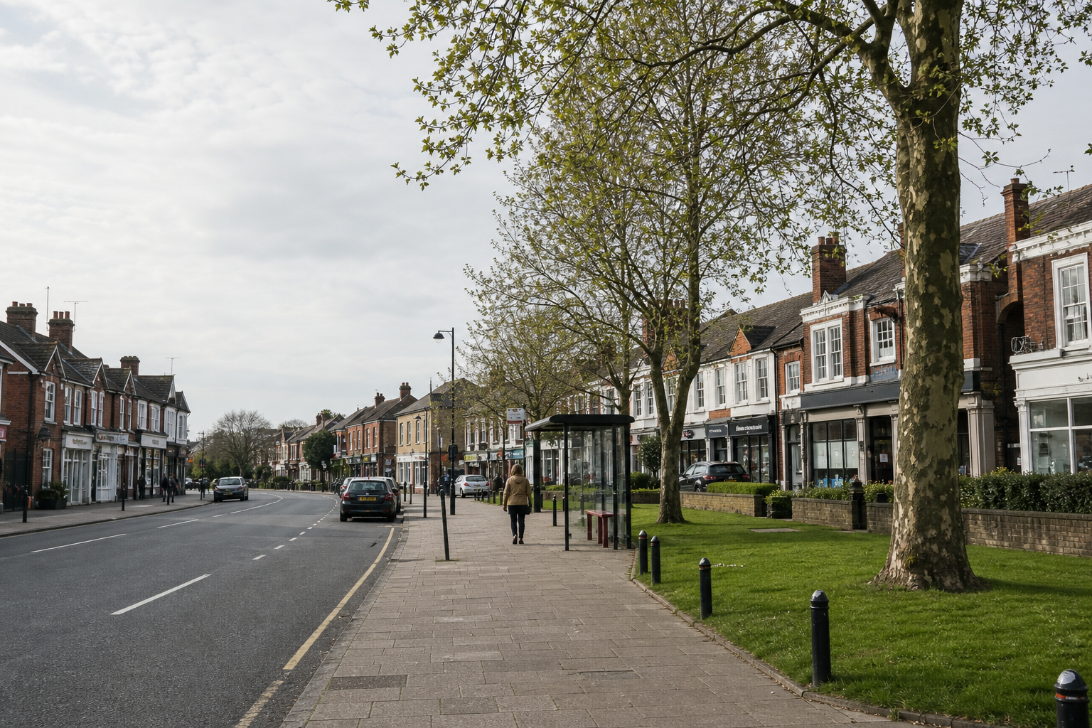 Street with trees, brick buildings, cars parked, and a person walking on the sidewalk.