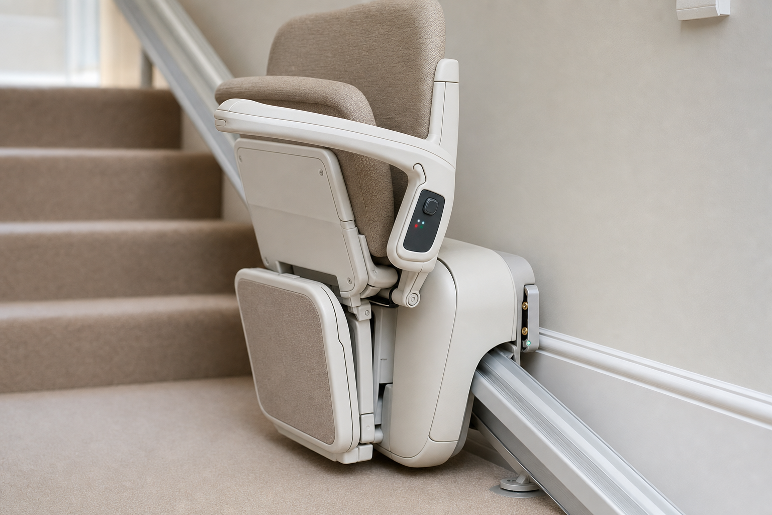 Stairlift on a residential staircase, featuring a beige seat and a railing for support.