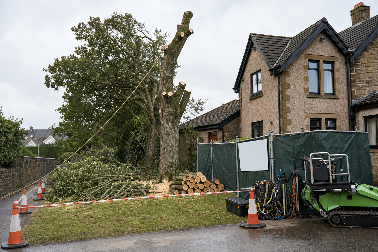 Tree surgery in progress outside a house, with cut branches, machinery, and safety cones visible.