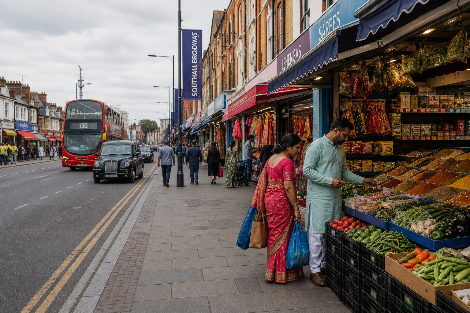 Shoppers browse fresh produce and spices on a bustling Southall street with a red bus and taxi in the background.