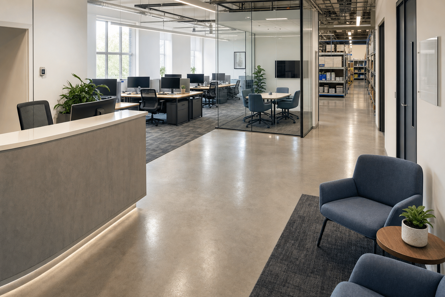 Modern office interior with a reception desk, open workspace, glass-walled meeting room, and shelving in the background.