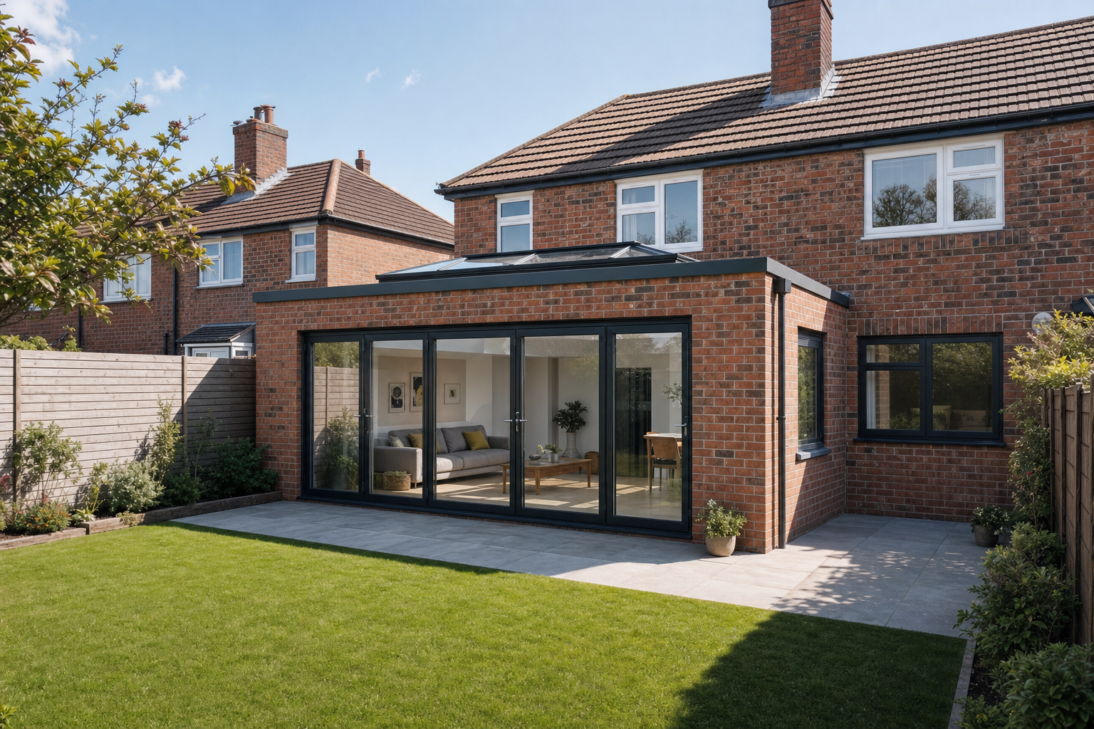 A modern brick house with a glass-walled extension overlooking a well-maintained garden.