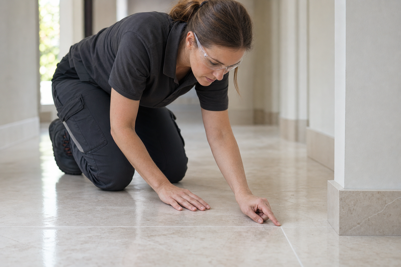 A woman in workwear and safety glasses inspects a tiled floor attentively in a hallway.