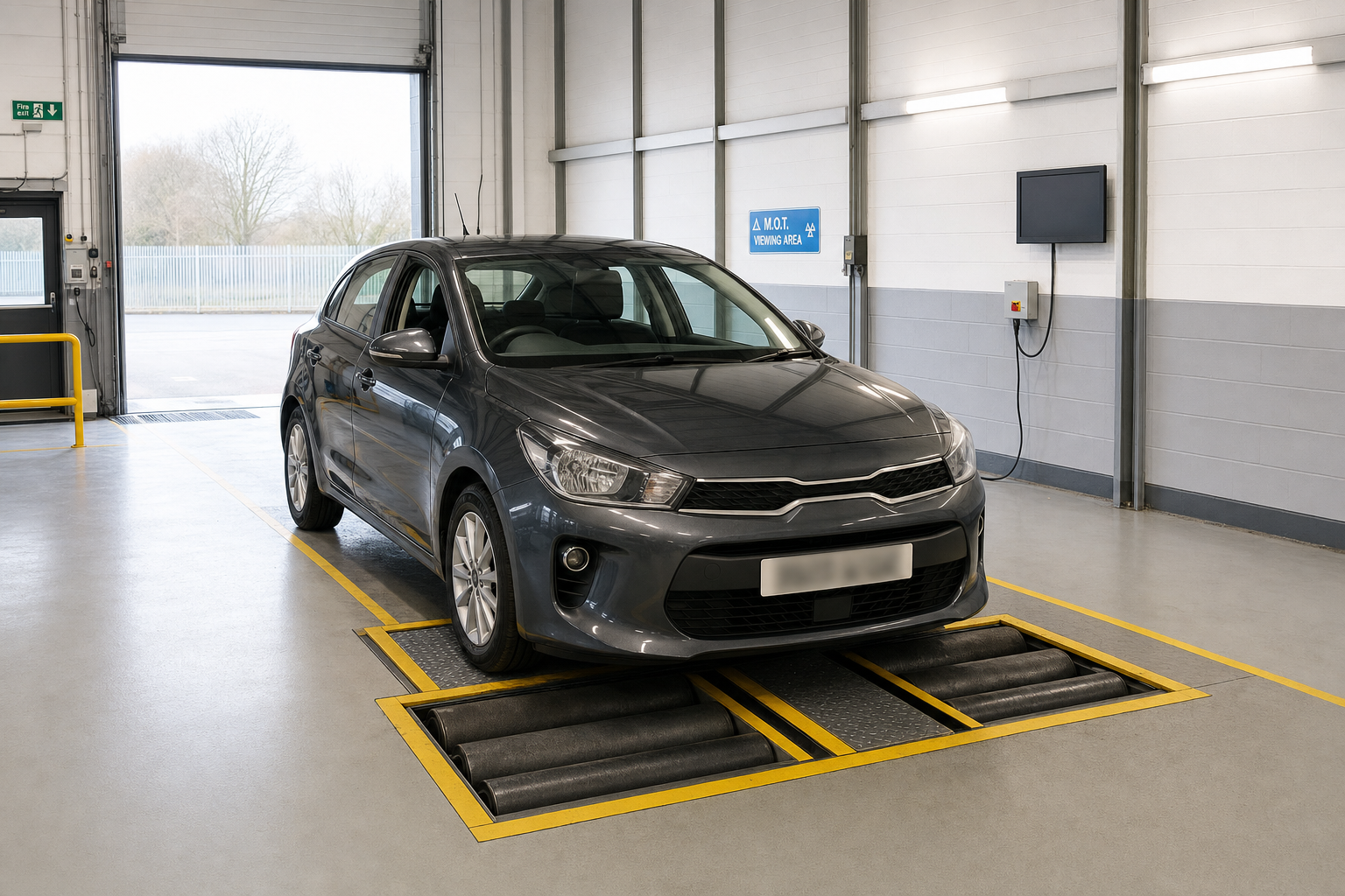 A grey car sits on a vehicle inspection testing platform inside a garage.