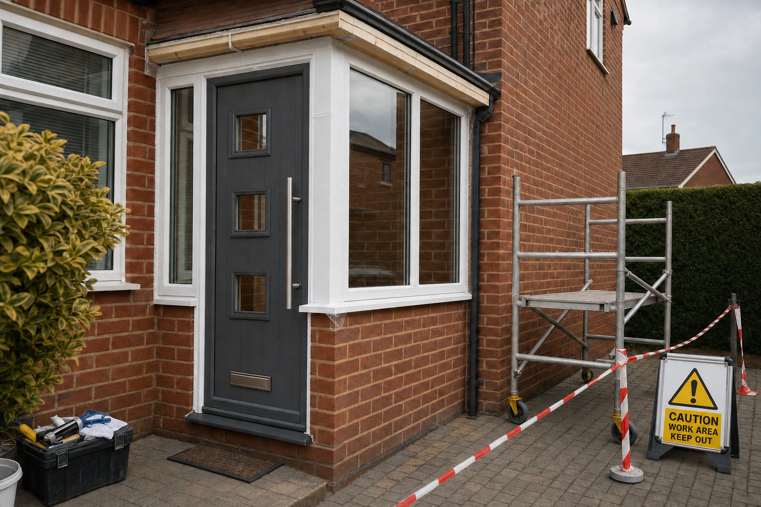 Modern grey door and window with surrounding construction signs and scaffolding on a red brick house.