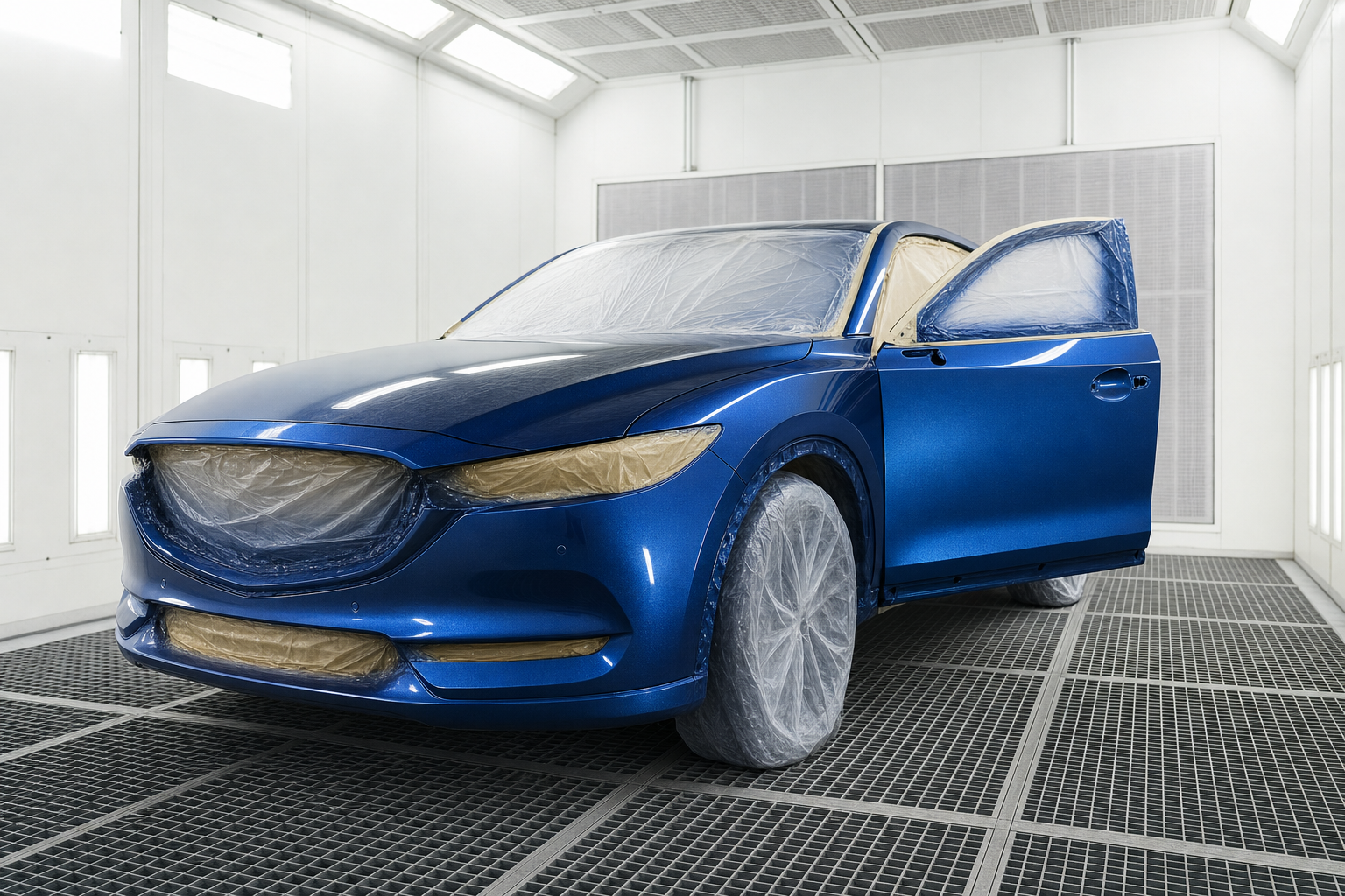 A blue car undergoing a protective masking process in a spray booth with its left door open.