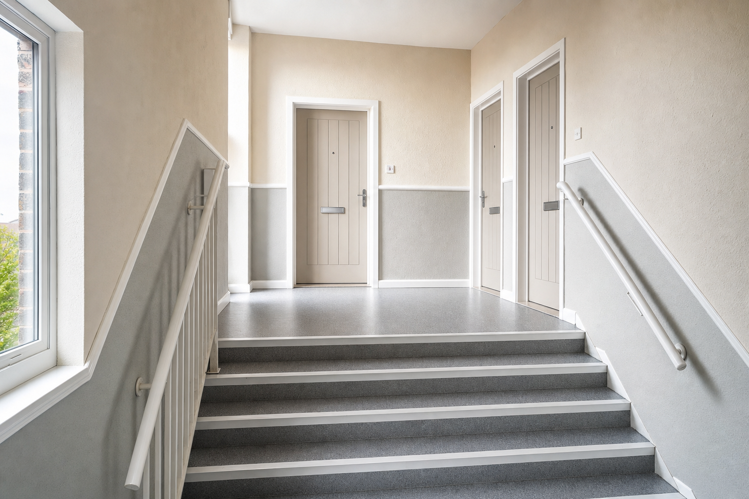 A bright stairwell with grey steps and beige doors leading to flats, featuring handrails and a large window on the left.