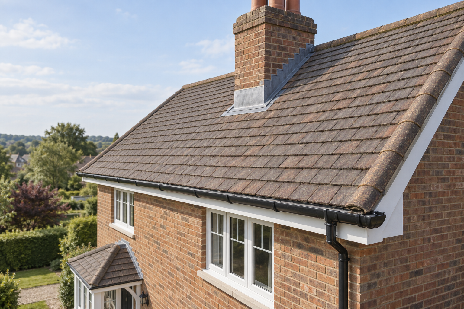 A sloped roof with red brick chimney on a house surrounded by greenery under a clear blue sky.