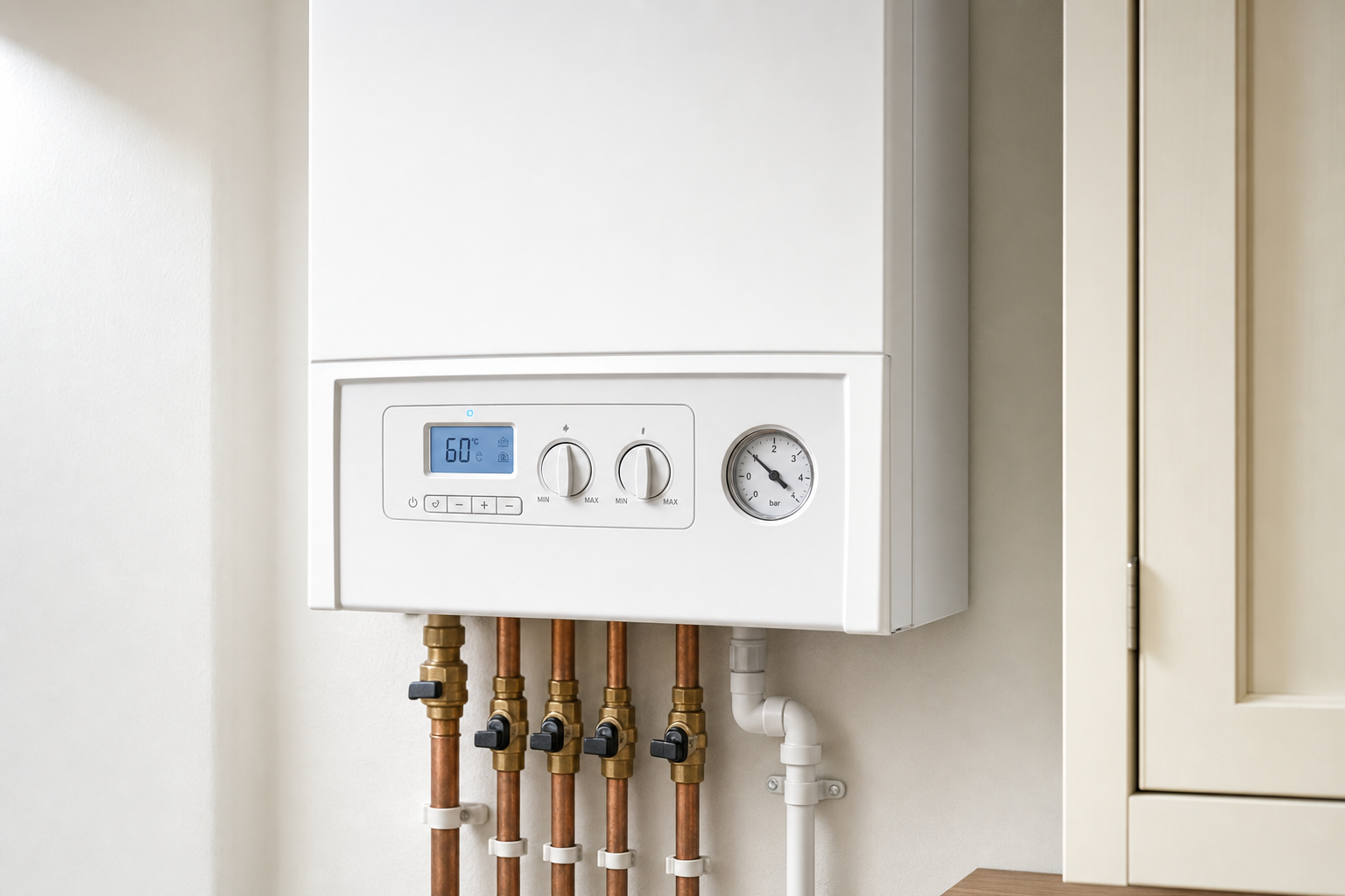 A modern gas boiler with a digital display and multiple copper pipes installed on a cream-coloured wall.