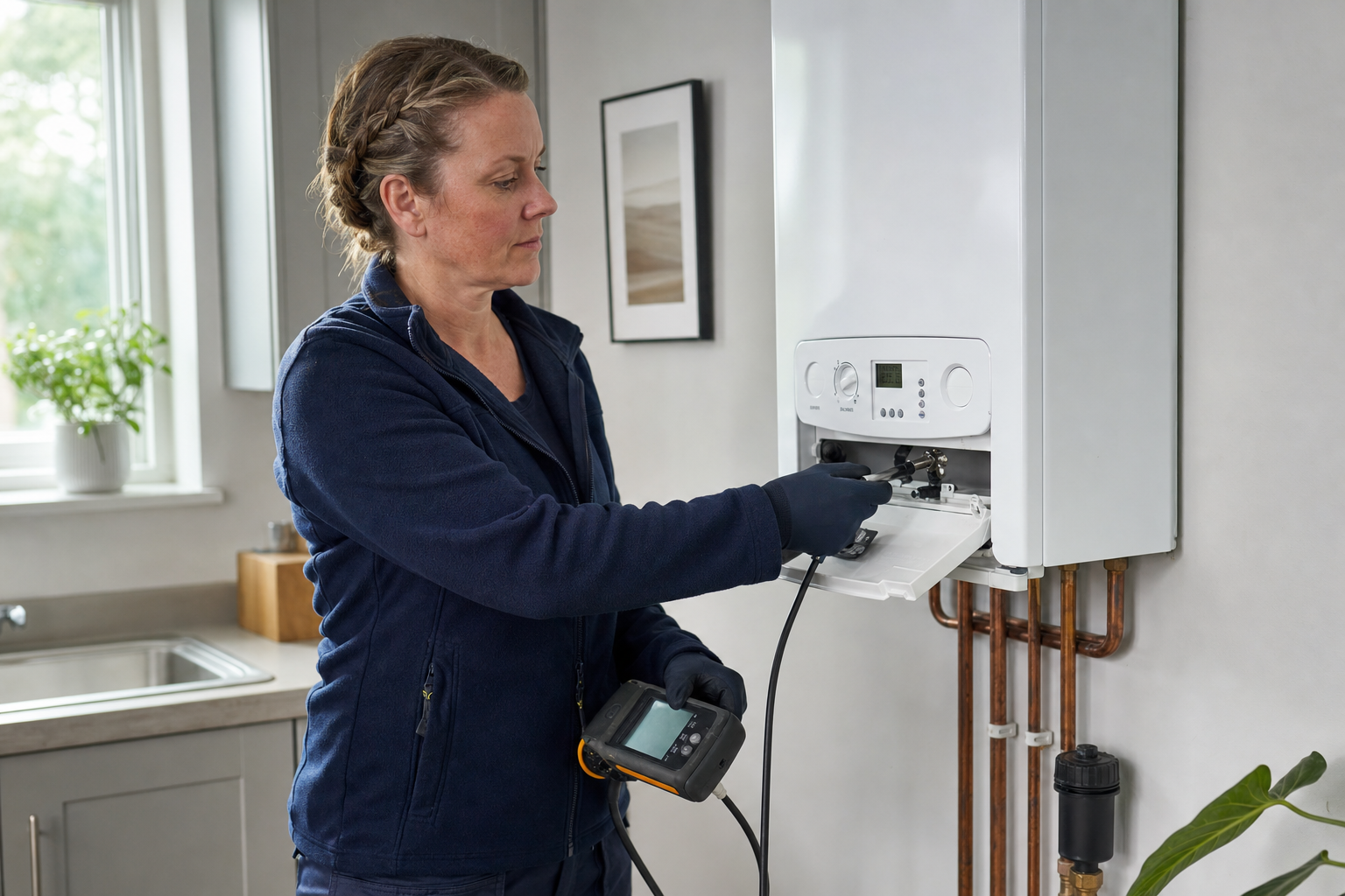 Engineer in a navy uniform performing maintenance on a household boiler.