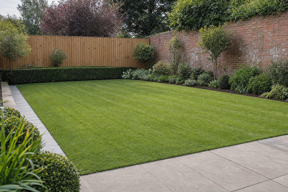 Well-maintained garden with neatly trimmed grass, bordered by shrubs and a wooden fence.