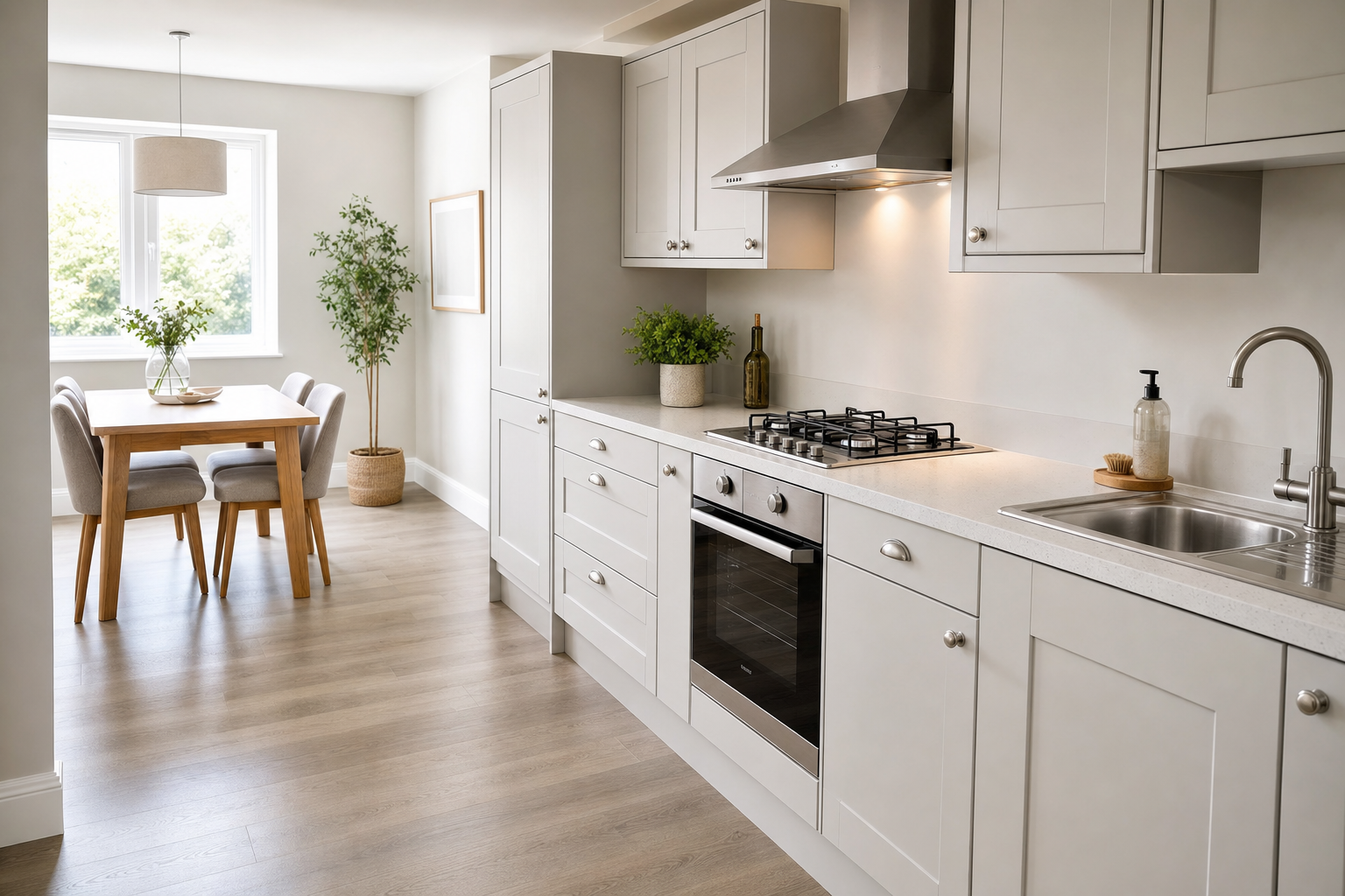 Modern kitchen with sleek white cabinets, a dining table, and light wood flooring, illuminated by natural light.