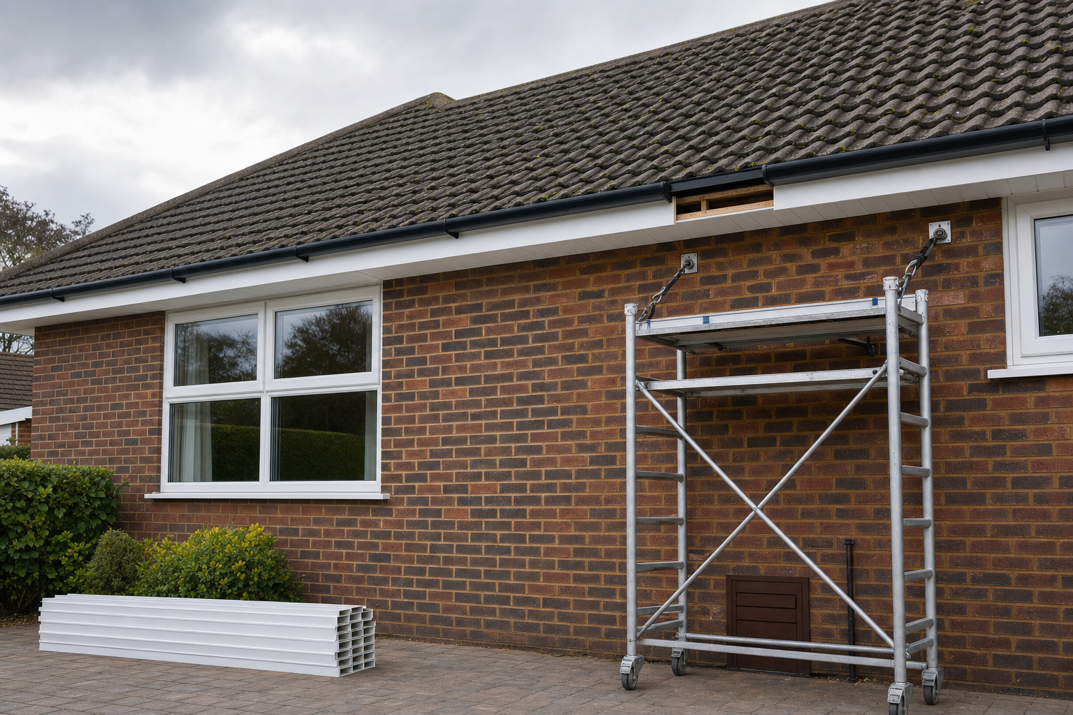 Scaffolding is set up against a brick house for gutter maintenance, with white plastic sheets stacked nearby.