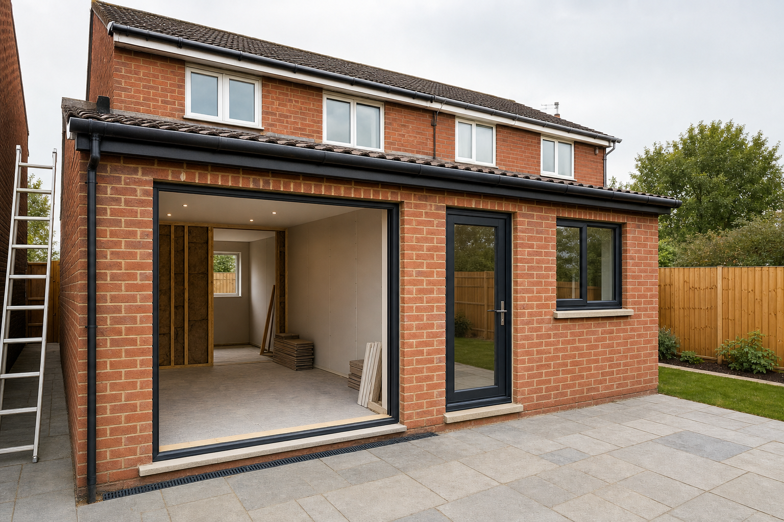 A newly constructed brick house extension with large windows, an open doorway, and a paved patio area in a garden setting.