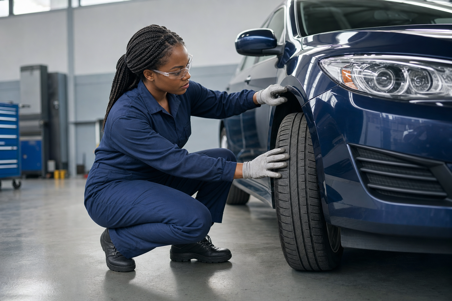 Mechanic in blue overalls inspects the front tyre of a blue car in a garage.