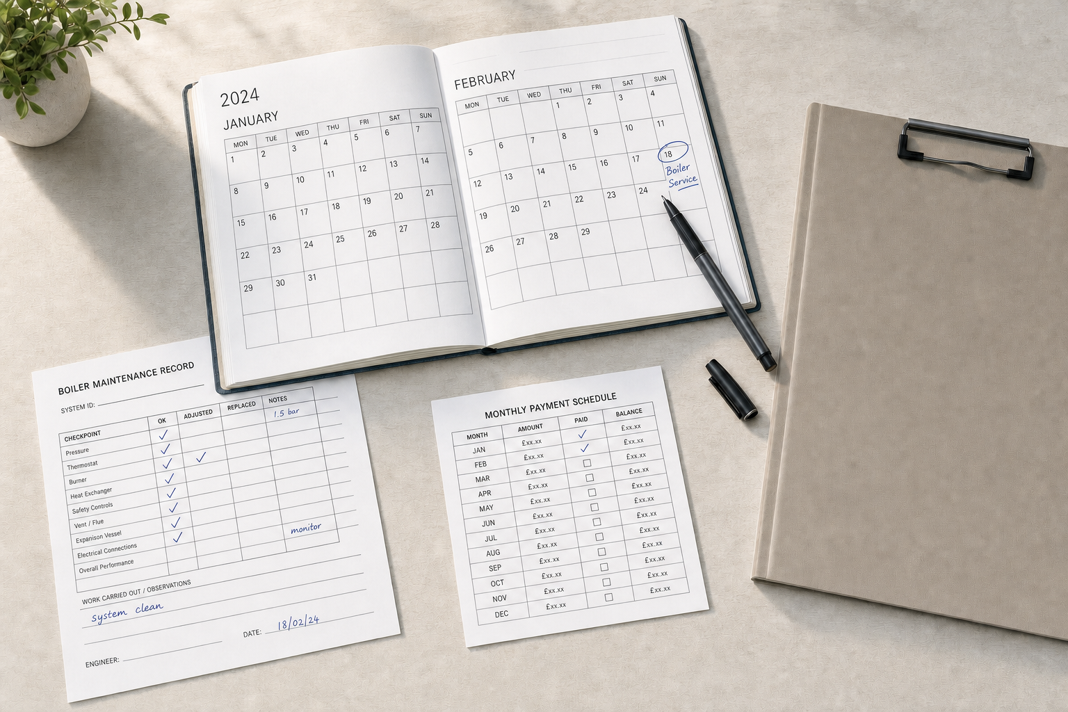 Open planner showing a February 2024 calendar with a boiler service scheduled, alongside maintenance and payment documents.