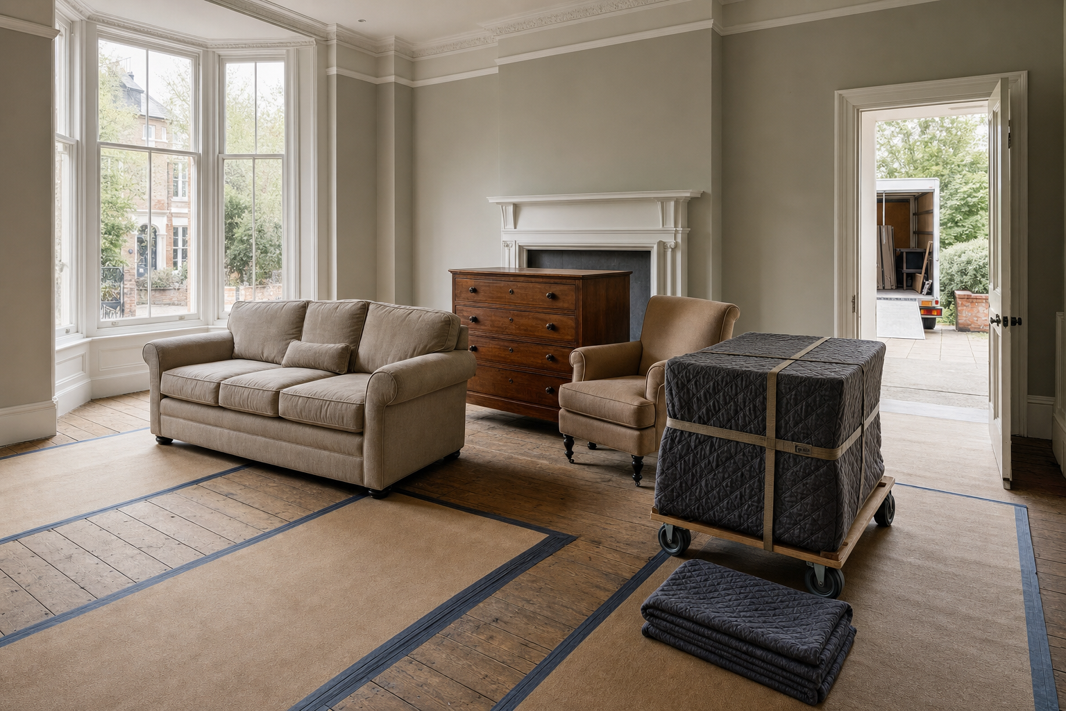A moving box on a trolley in a partially furnished living room with a sofa, chair, and chest of drawers.