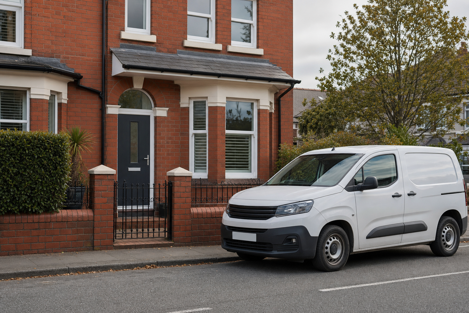 White van parked outside a red brick terraced house with a grey front door.