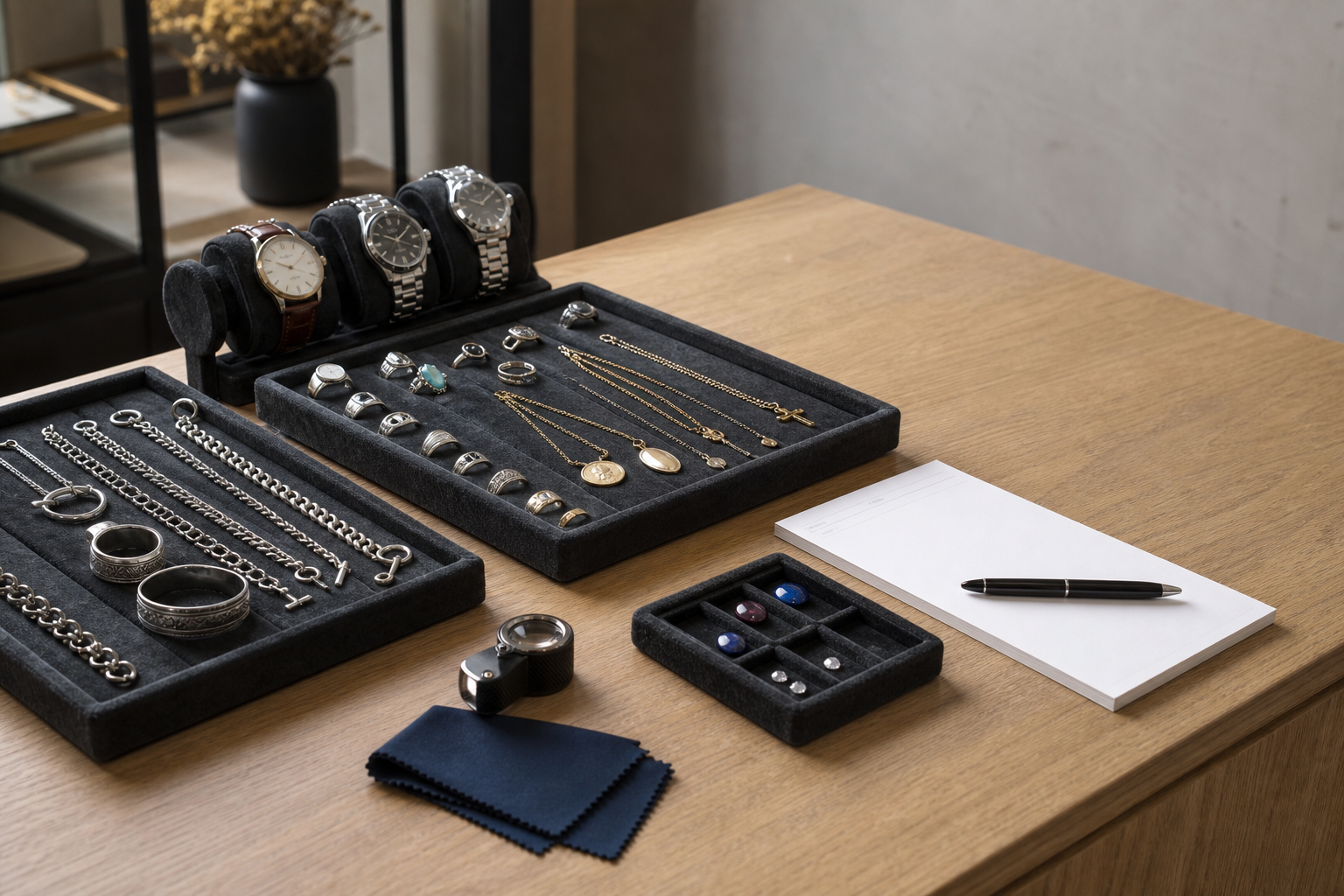 Assorted jewelry and watches displayed on a wooden table with a notebook and pen.