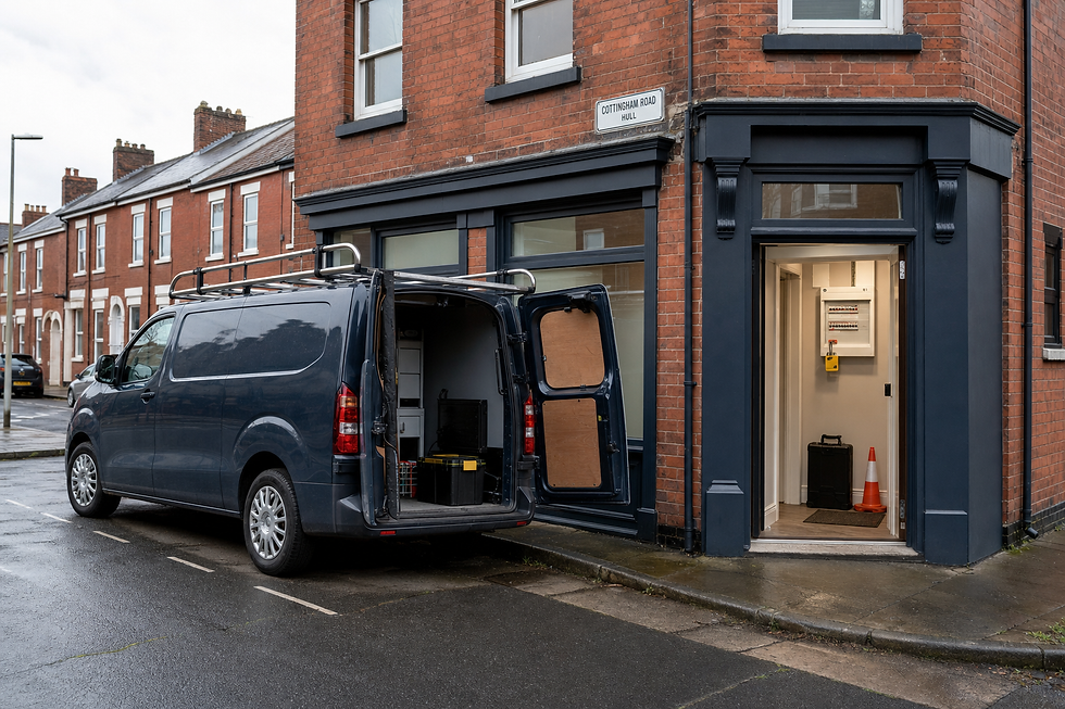 A blue van with open back doors is parked next to a corner building entrance on Cottingham Road, Hull.