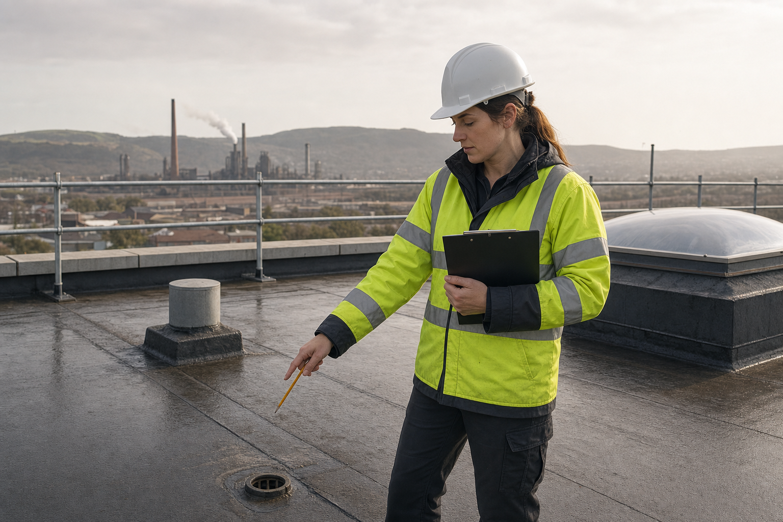 Engineer in a high-visibility jacket and hard hat inspects a rooftop near an industrial site with a clipboard and pencil.