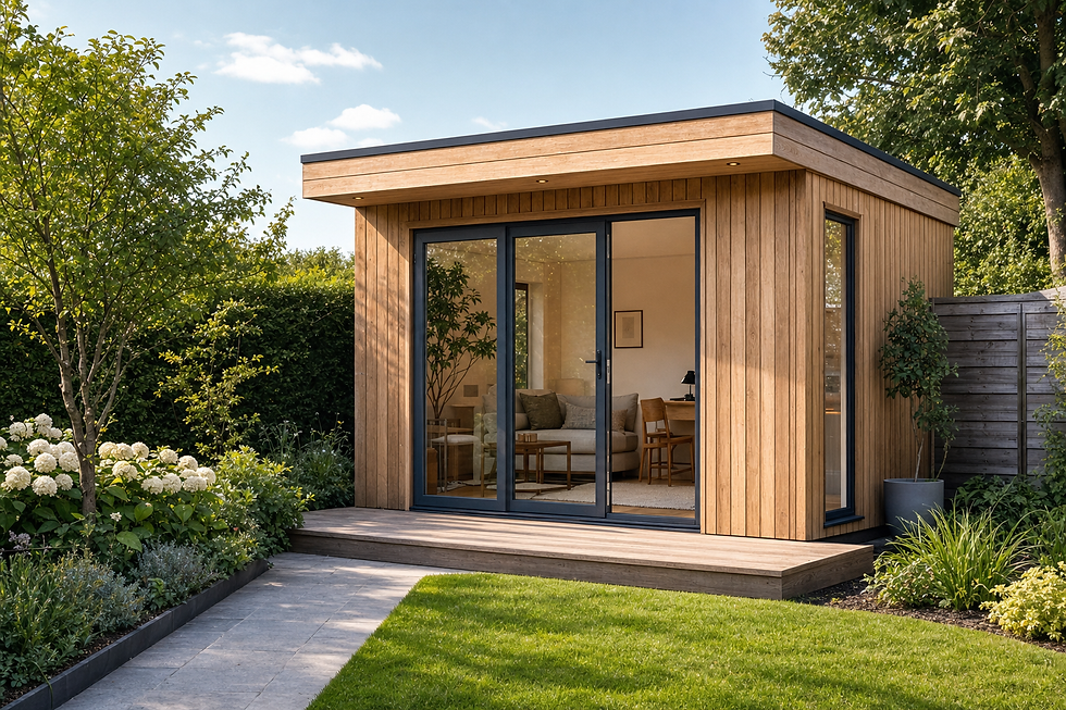 Modern wooden garden room with glass doors, surrounded by plants and a well-maintained lawn.