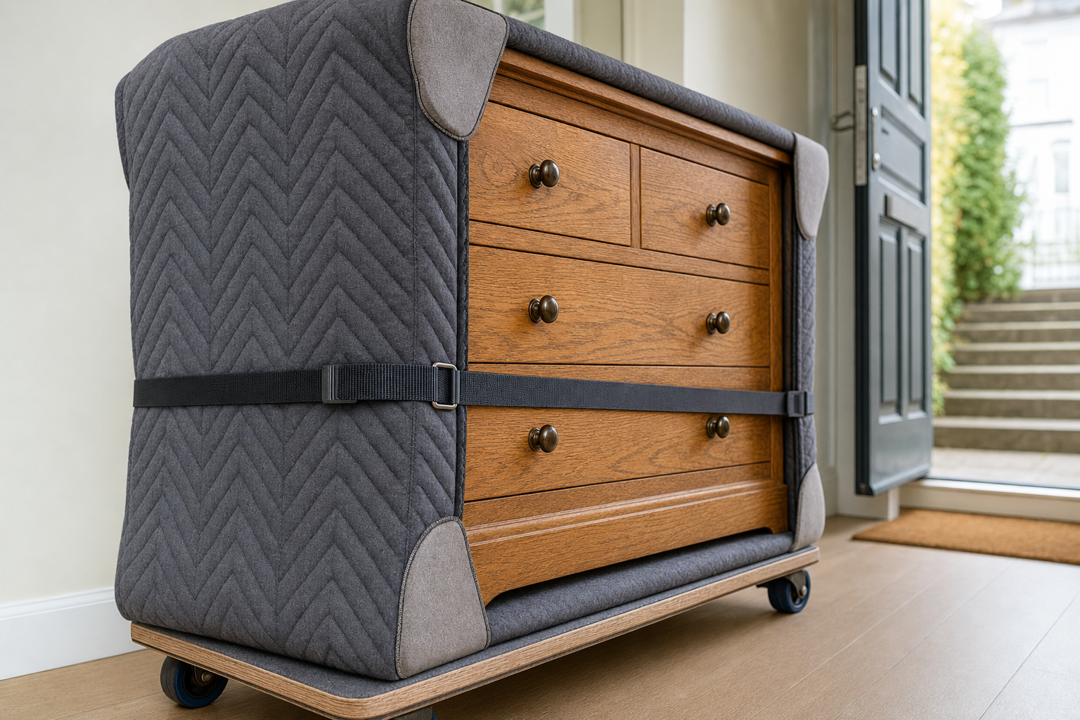 Wooden dresser wrapped in protective padding and strapped securely for moving, positioned by an open doorway.