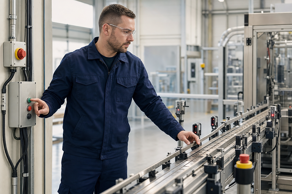 Man in a blue uniform operating machinery controls in a factory setting.