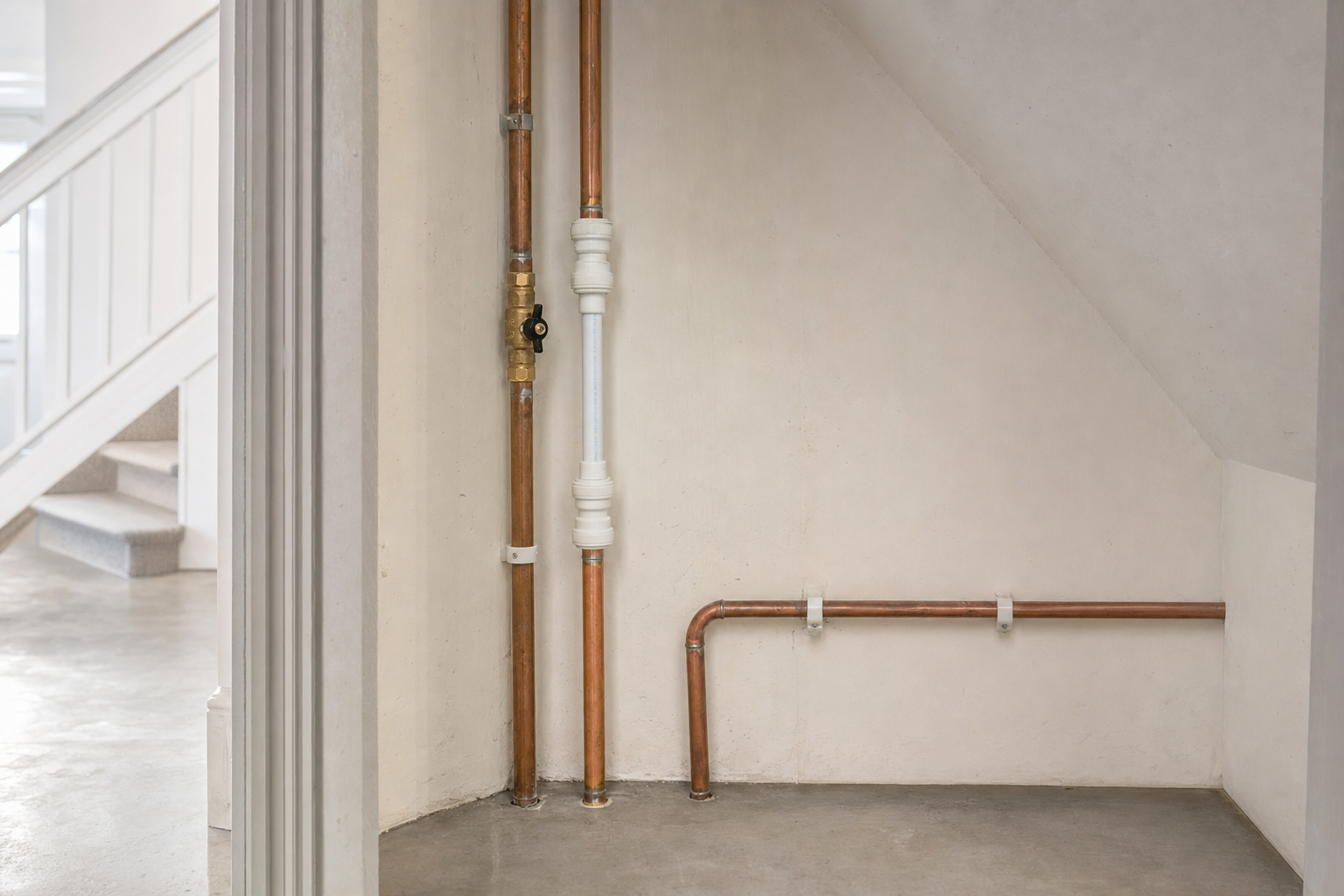 Copper pipes and fittings installed on a wall under a staircase in a residential setting.