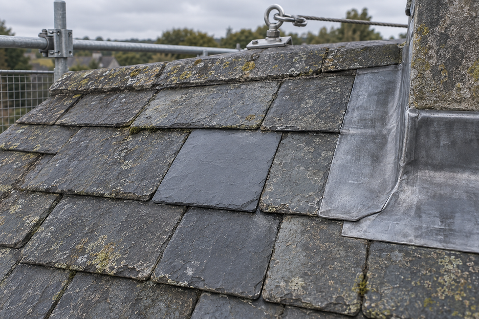 Weathered slate roof tiles with a new replacement tile and metal flashing near a chimney.