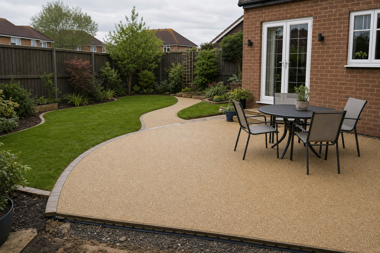 A neatly landscaped garden with a curved pathway, patio, and outdoor dining set next to a brick house.
