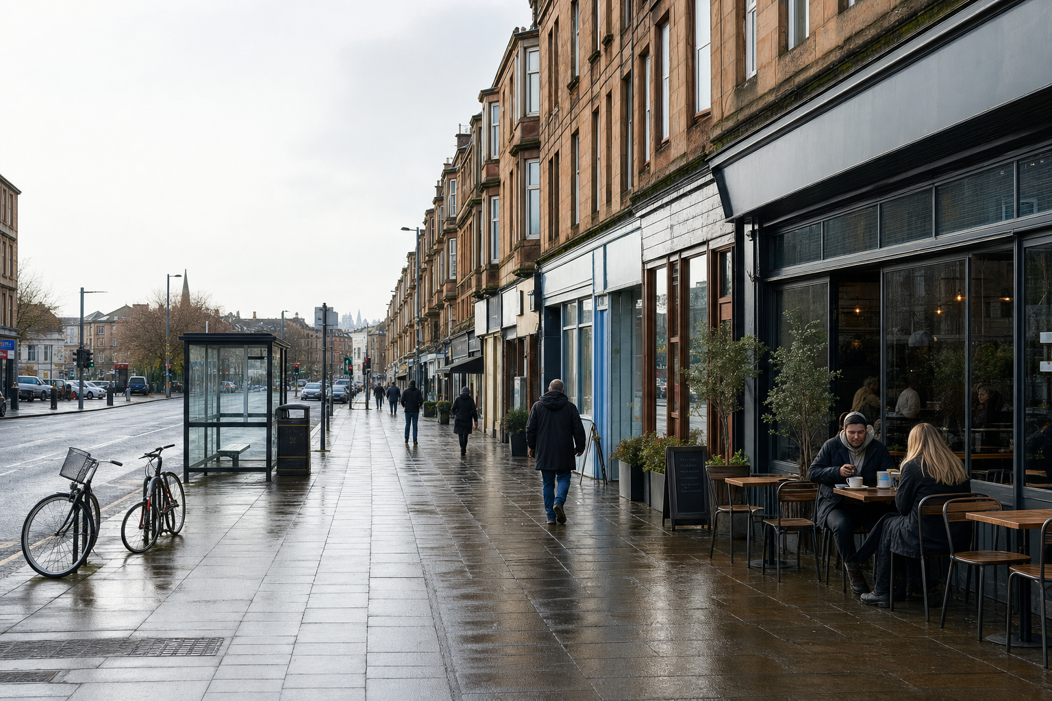 People walking along a wet city street with a couple sitting outside a cafe under an overcast sky.