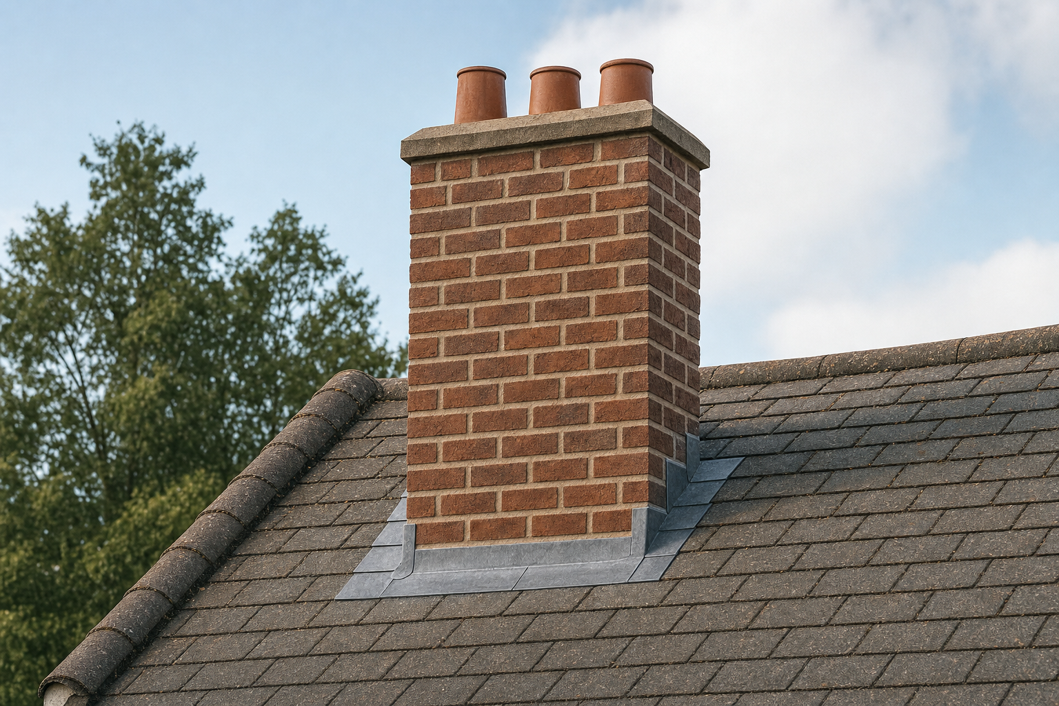 Red brick chimney with three pots on a grey tiled roof against a partly cloudy sky.