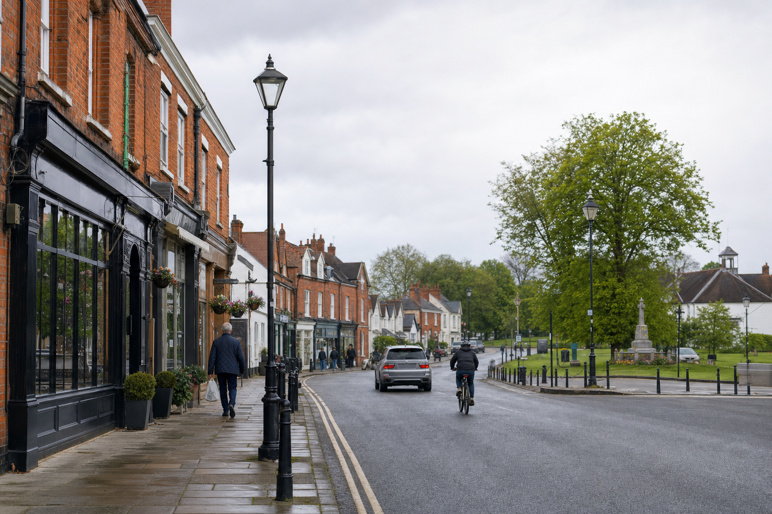 A cyclist and a pedestrian navigate a quiet, tree-lined street with historic red brick buildings and a monument.