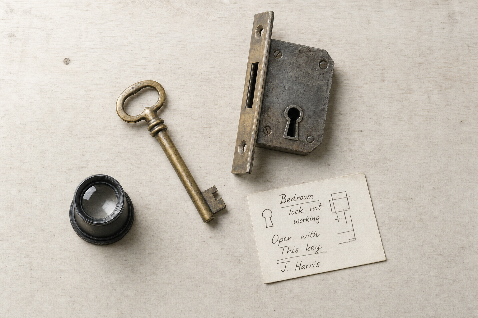 Antique key, lock mechanism, lens, and note labelled "Bedroom lock not working, open with this key" on a beige surface.