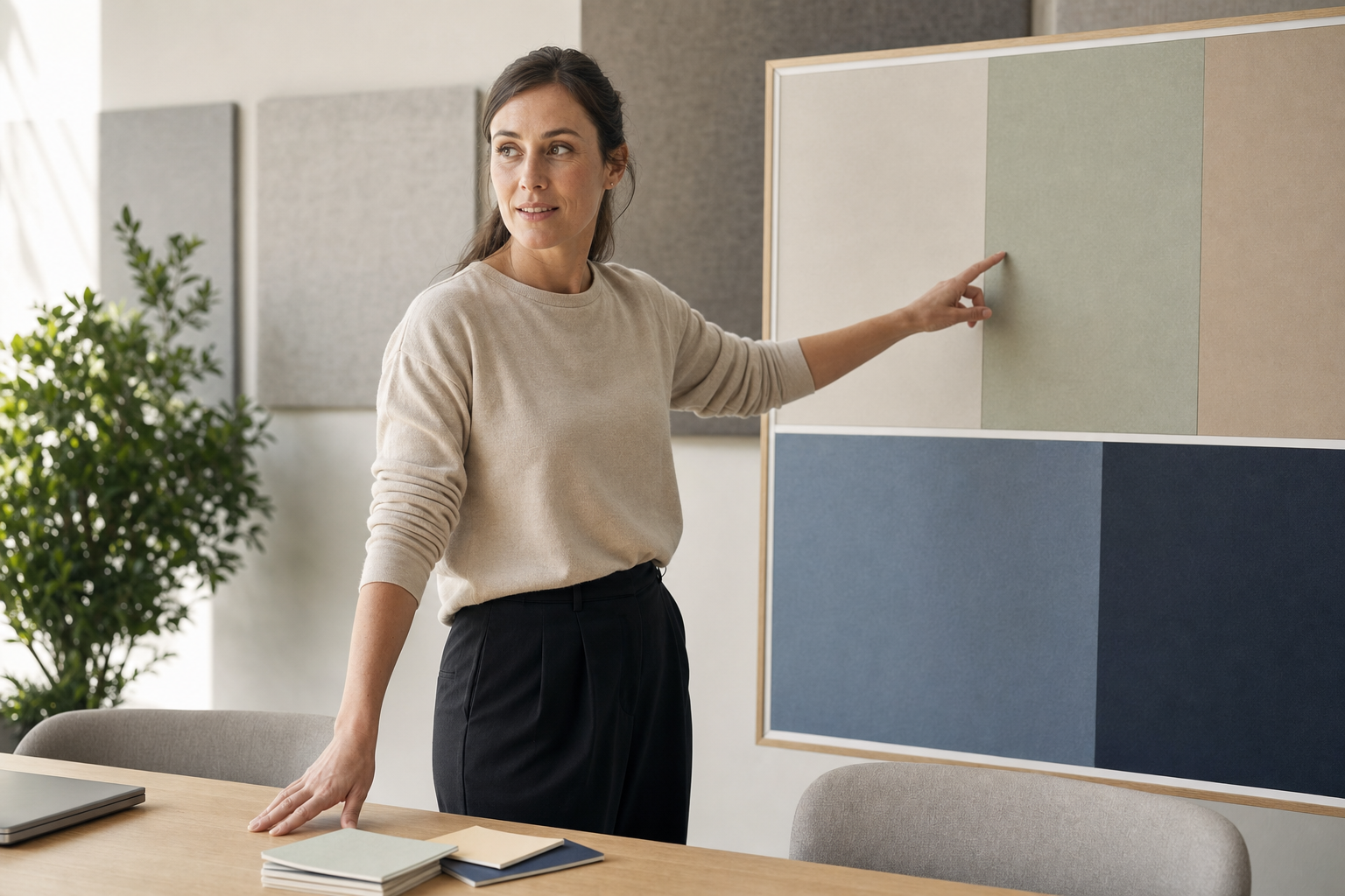Woman pointing at a colour swatch board in a design meeting room.