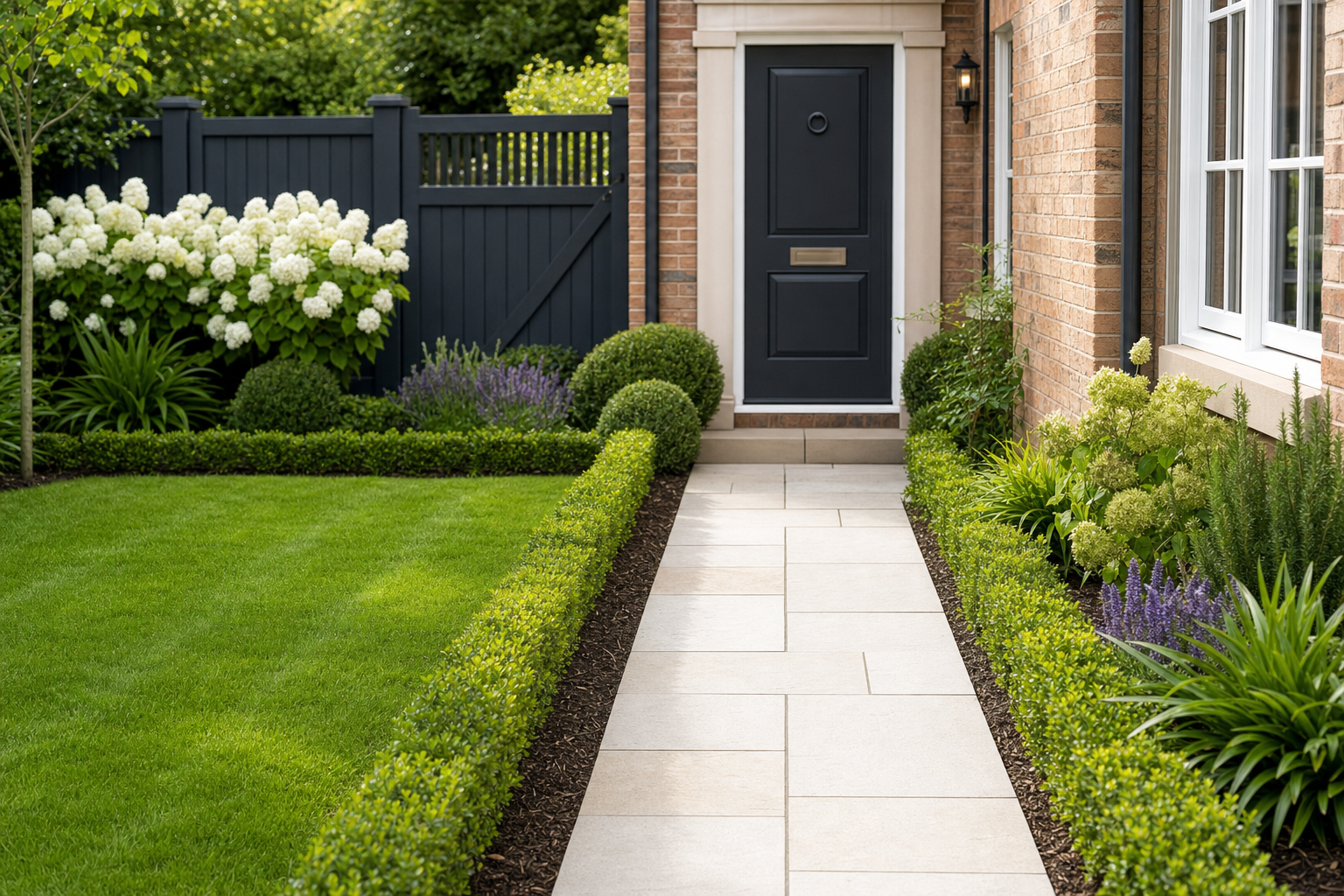 Neat pathway leads to a navy blue front door, flanked by manicured hedges and vibrant flowerbeds.