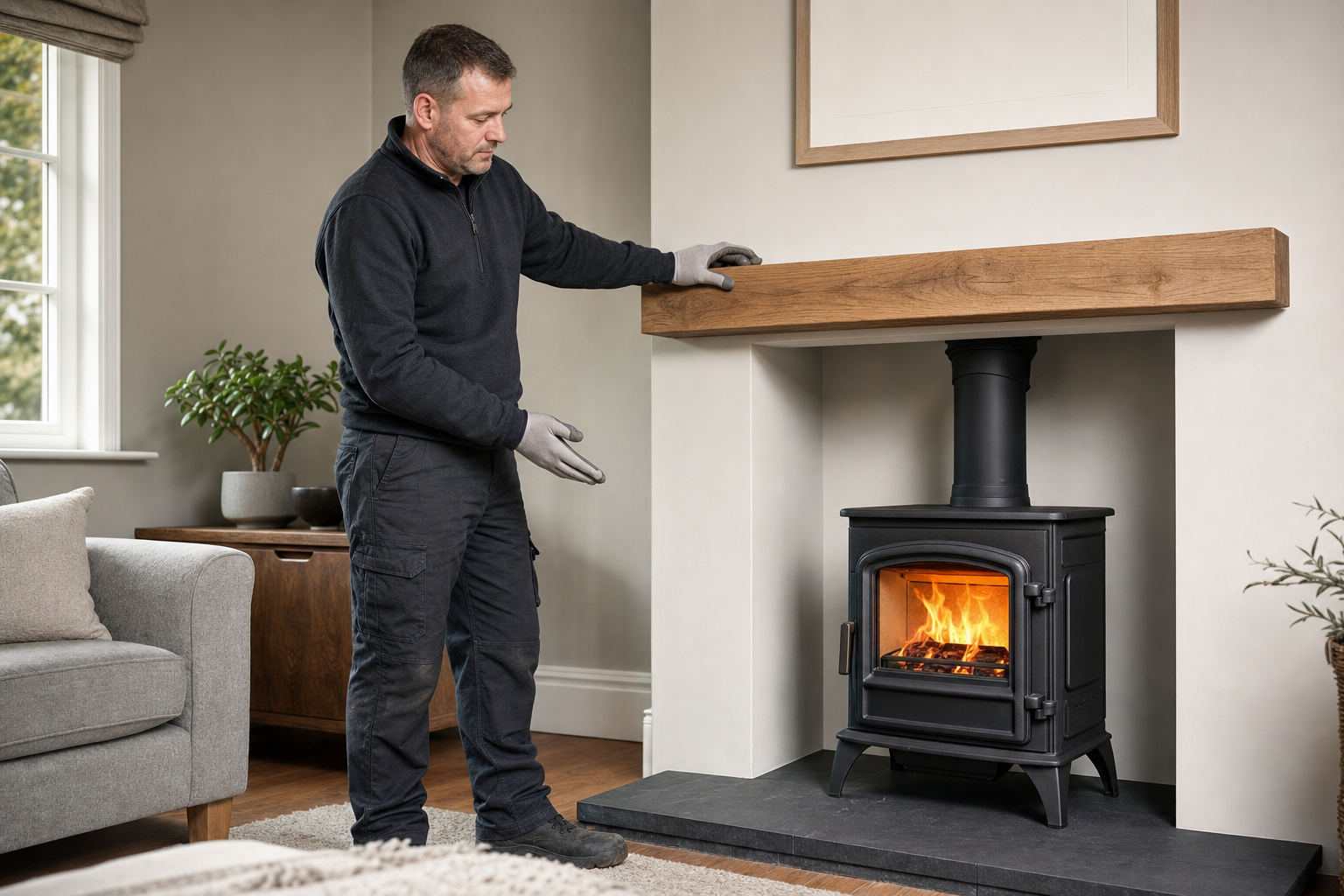 Man in dark clothing adjusting a wooden mantel above a lit fireplace in a cosy living room.